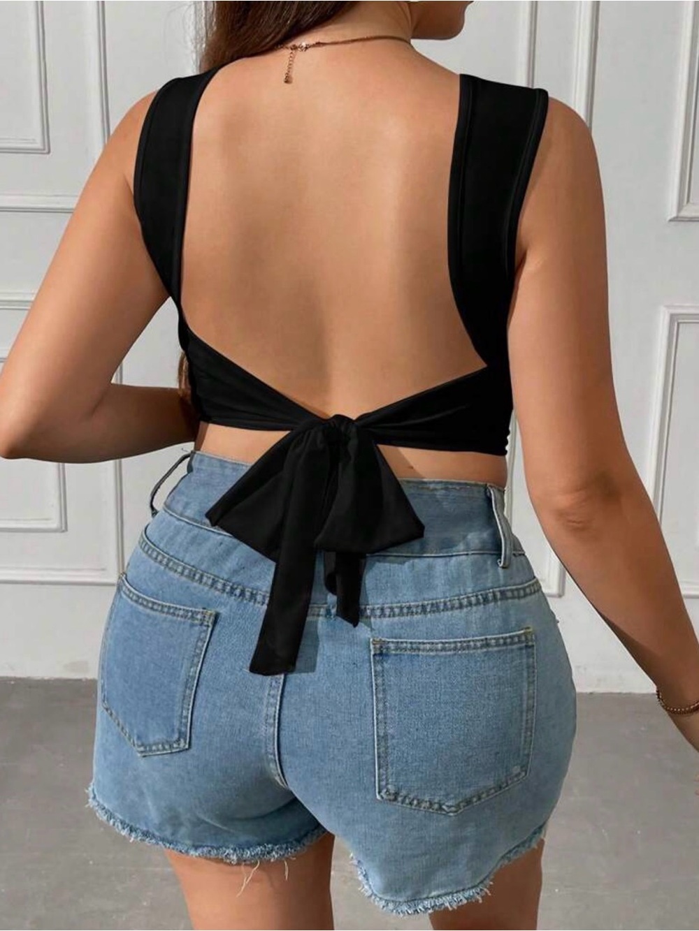 SHEIN Black Open-Back Tie Crop Top